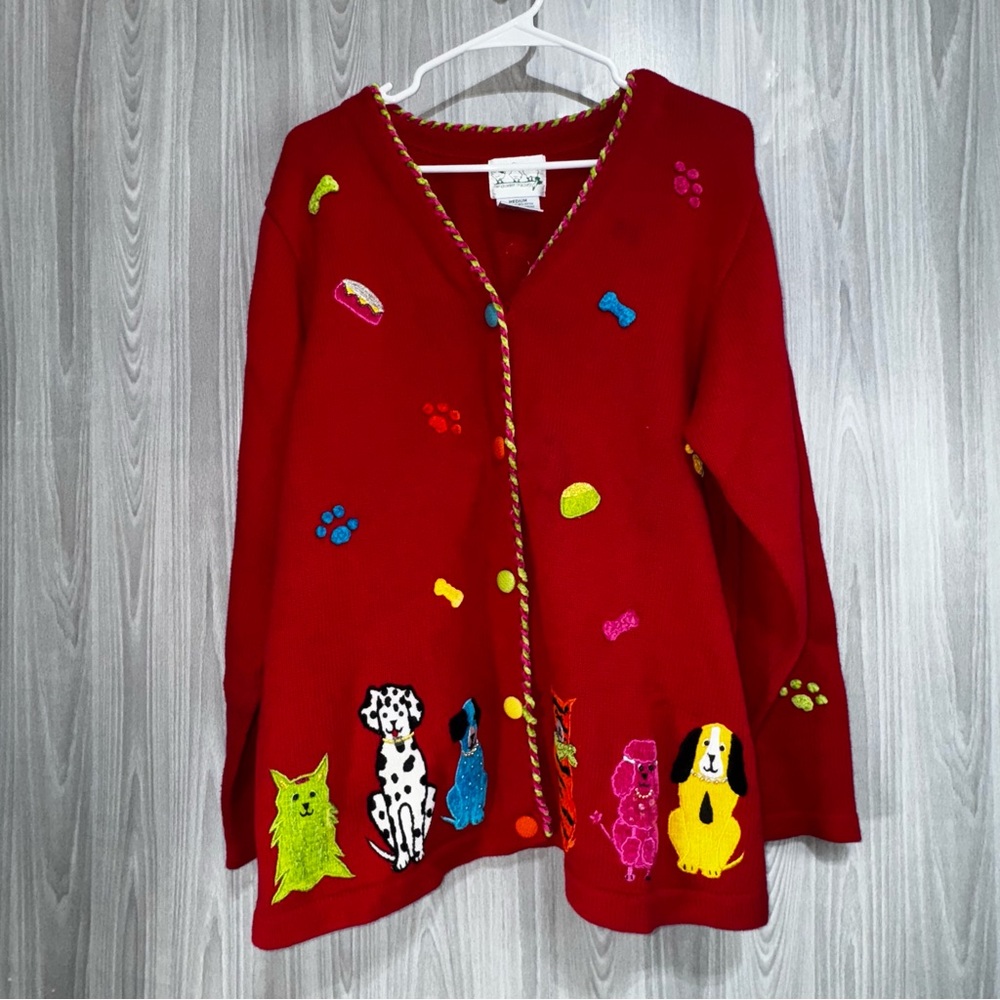 The Quacker Factory‎ Sweater Red Embroidered Dogs Puppies Cardigan Sweater VTG M